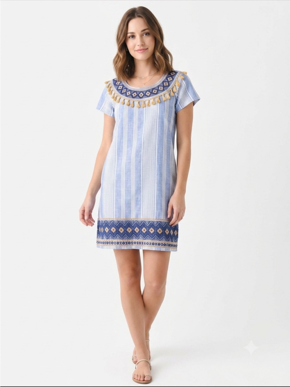 THML Blue & White Striped Tassel Shift Dress